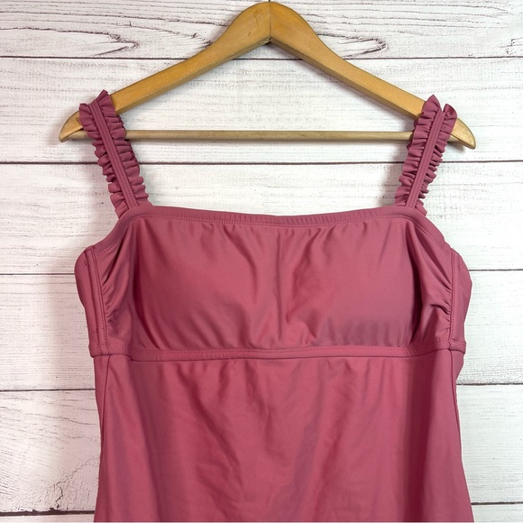 Kona Sol Pink Ruffle Square Neck One Piece Swimsuit Size L - Picture 3 of 9